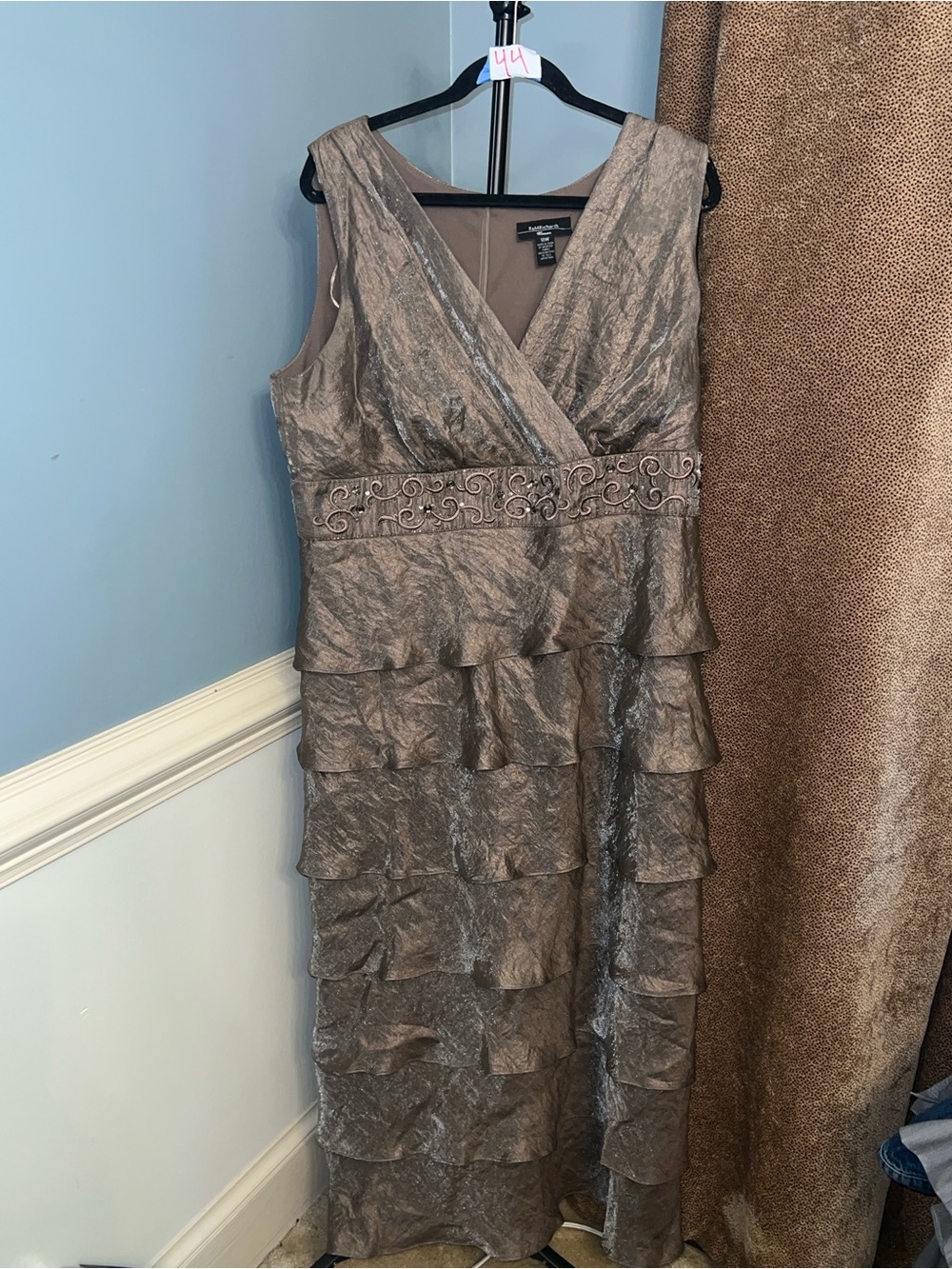 R&M Richards Taupe Metallic Tiered V-Neck Evening Dress